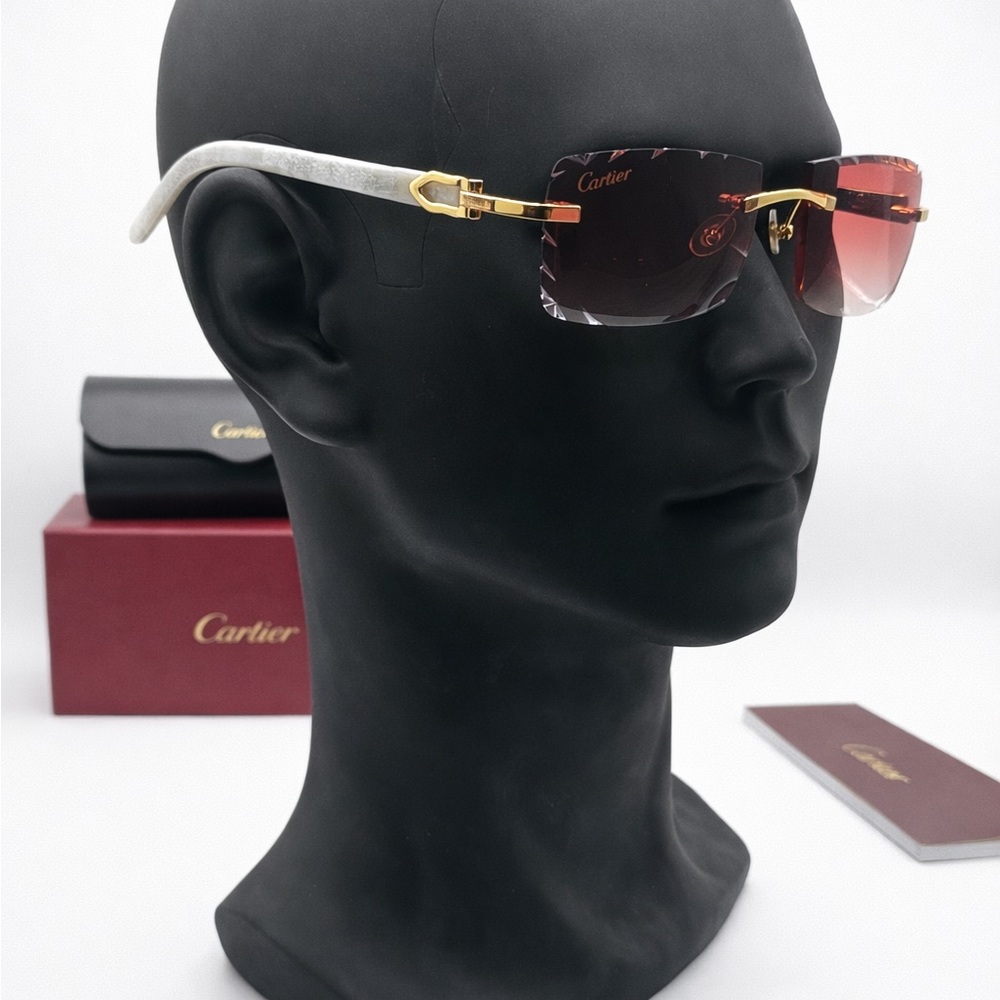 Cartier Rimless Rectangle Sunglasses Red Gradient Lenses Gold Frame